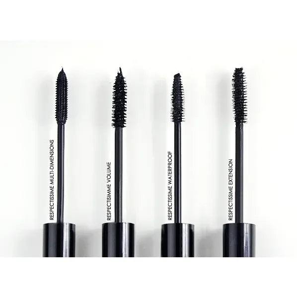 Four different mascara wands labeled multi-dimensions, volume, waterproof, extension