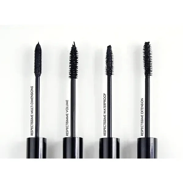 Four different mascara wands labeled multi-dimensions, volume, waterproof, extension