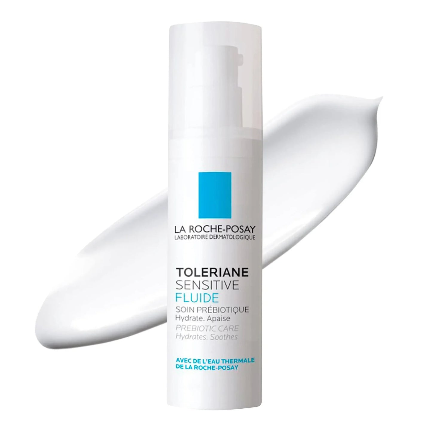 La Roche-Posay Toleriane Sensitive Fluide prebiotic face moisturizer bottle with cream smear