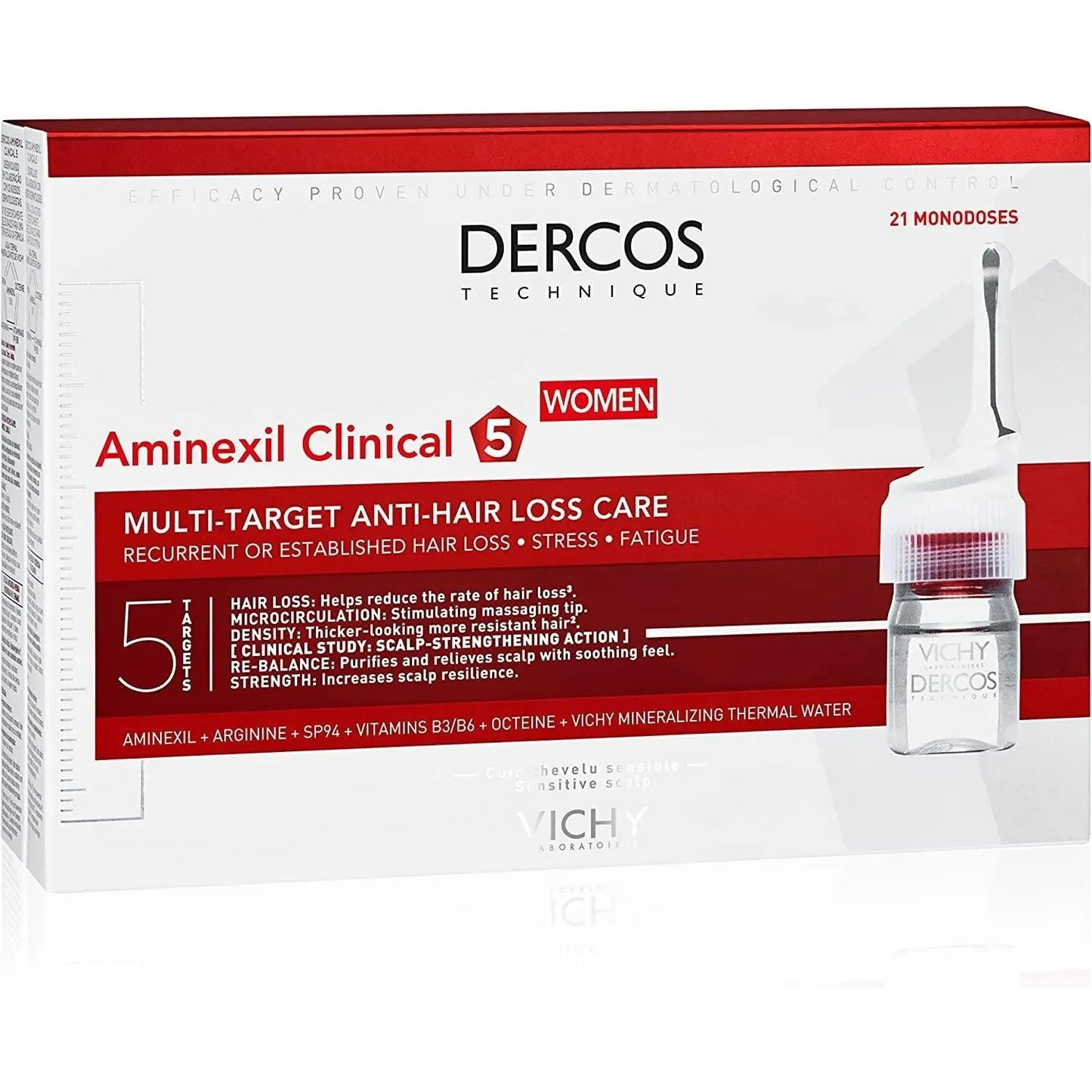 Vichy Dercos Aminexil Clinical 5 Women anti-hair loss treatment box with vial visible.