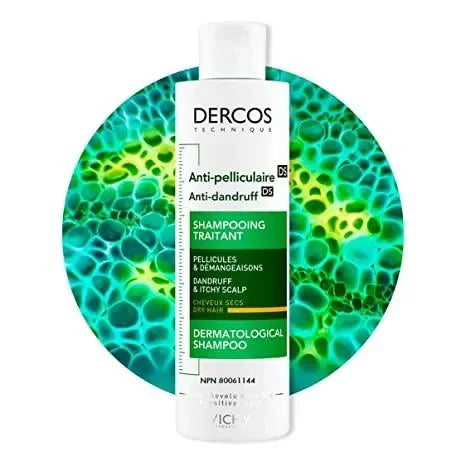 Vichy Dercos anti-dandruff shampoo for dry hair bottle with scientific background
