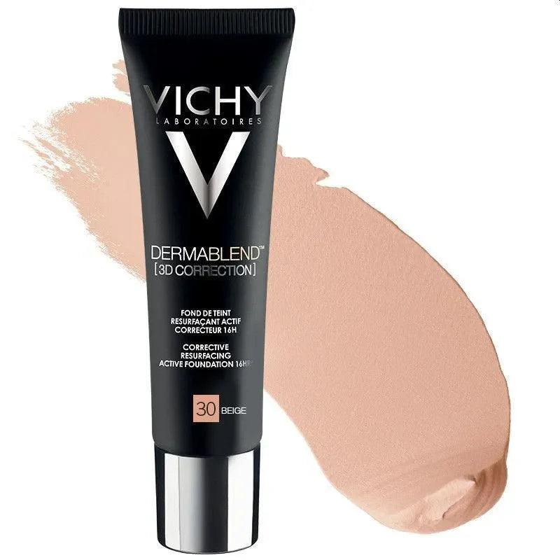 Vichy Dermablend 3D Correction foundation tube with beige shade swatch for oily, acne-prone skin