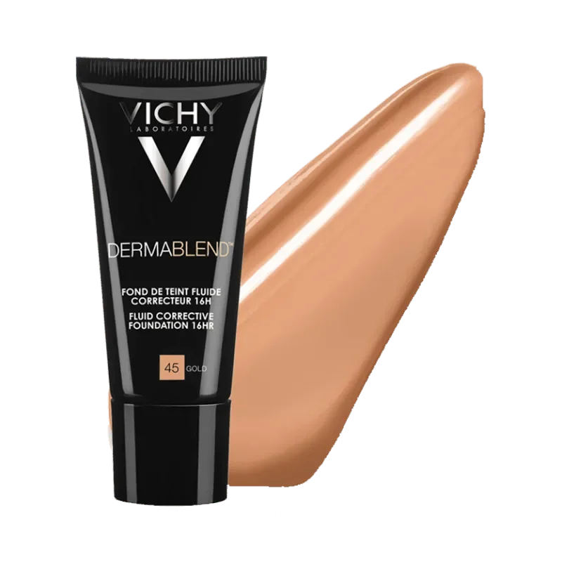 Vichy Dermablend corrective foundation SPF28 tube with beige fluid swatch