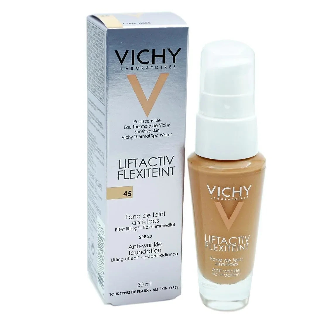 Vichy Liftactiv Flexiteint Anti-Wrinkle Foundation SPF 20 bottle and box for sensitive skin