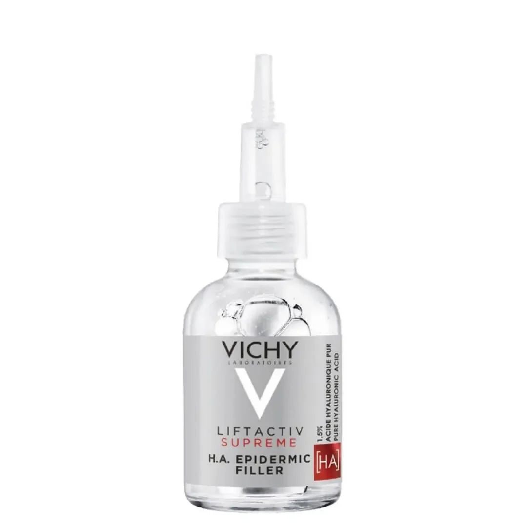 Vichy Liftactiv Supreme HA Epidermic Filler serum bottle with clear liquid on white background