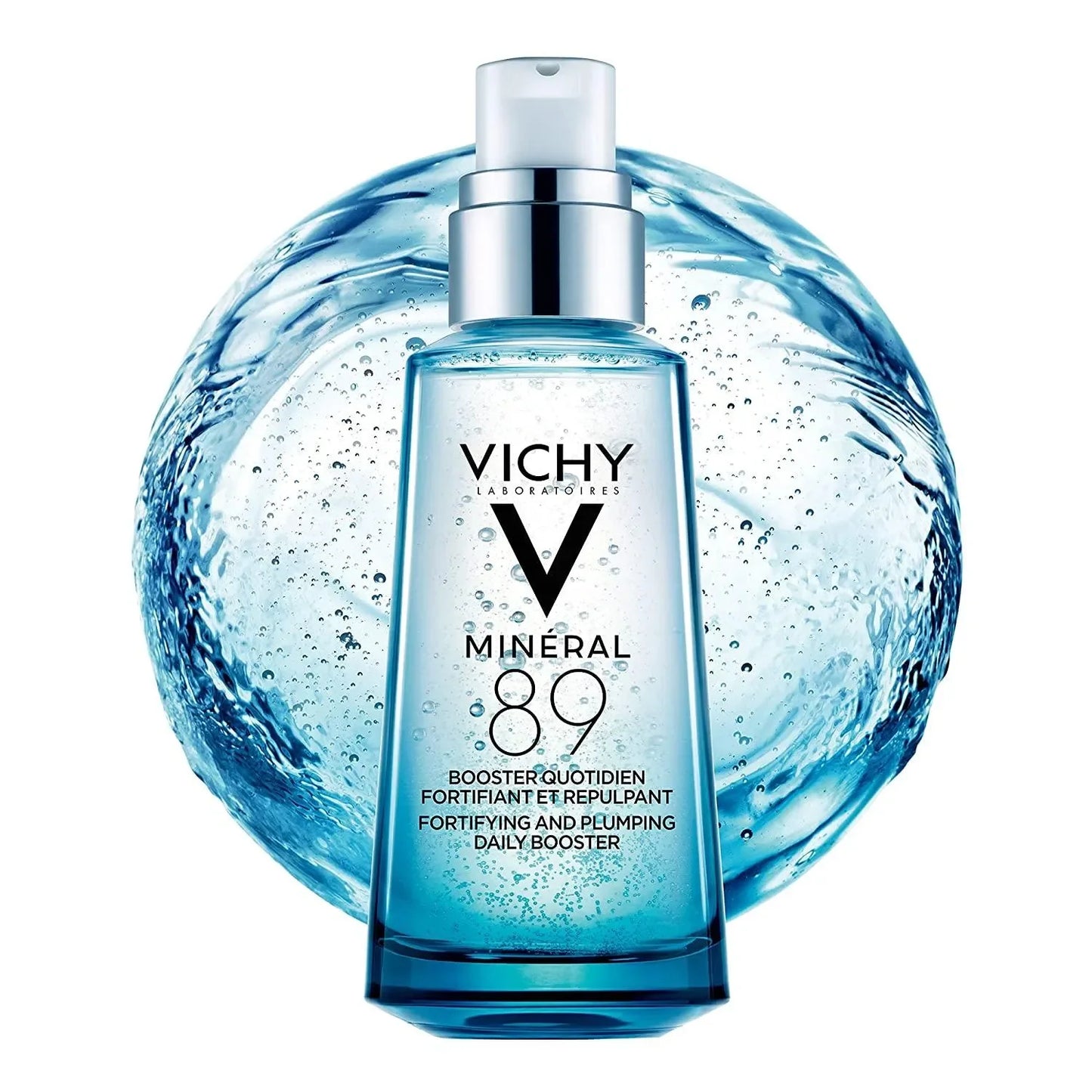 Vichy Mineral 89 hyaluronic acid face serum bottle with water splash background