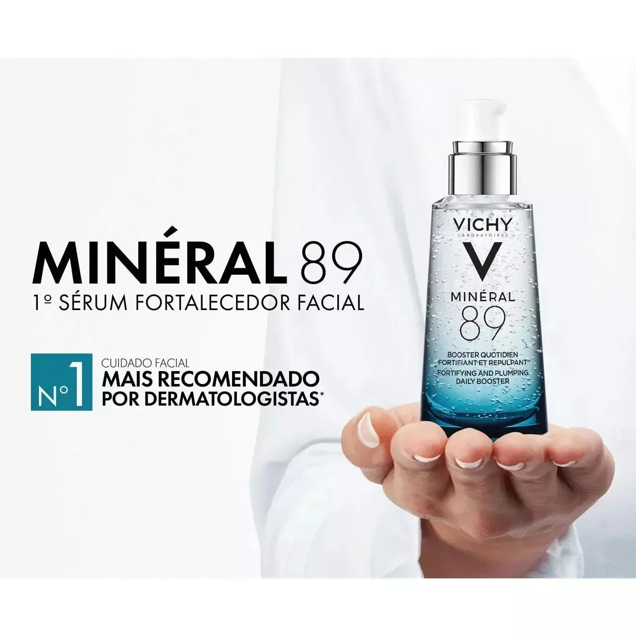 Vichy Minéral 89 hyaluronic acid face serum bottle held in hand, skincare product promotion