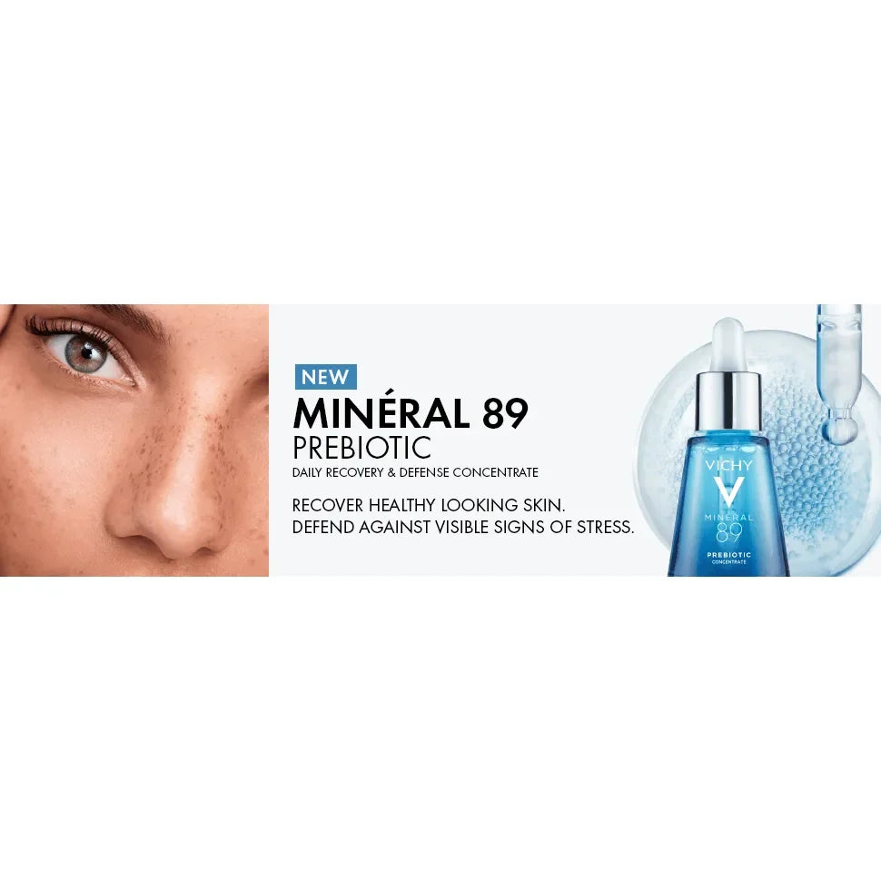 Vichy Minéral 89 Prebiotic Serum bottle with close-up of healthy skin and serum dropper