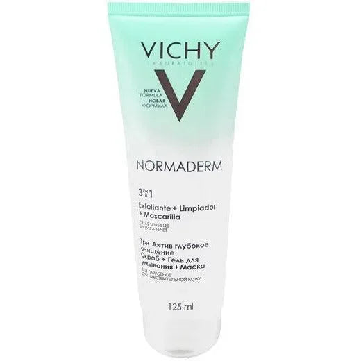 Vichy Normaderm 3-in-1 exfoliating cleanser and mask tube, 125ml, on white background