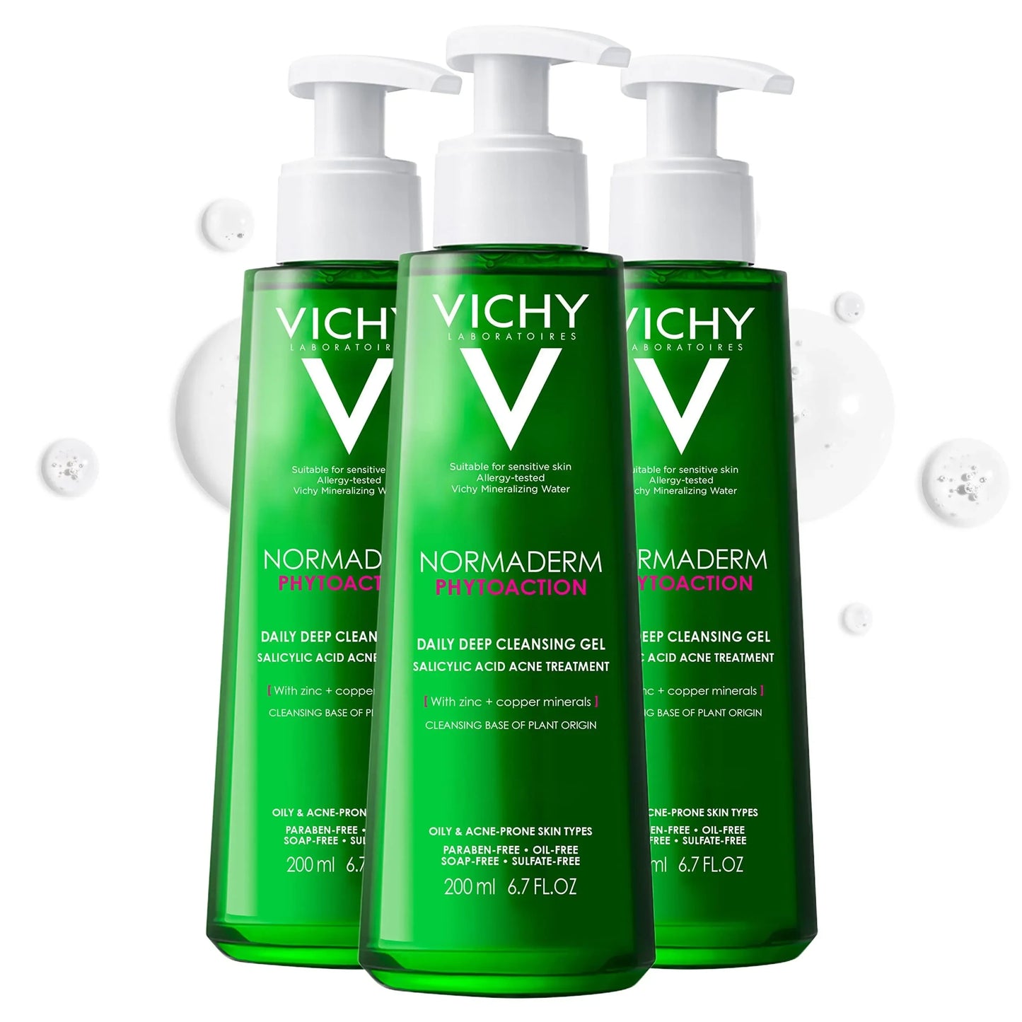 Three bottles of Vichy Normaderm Phytoaction daily deep cleansing gel for acne-prone skin