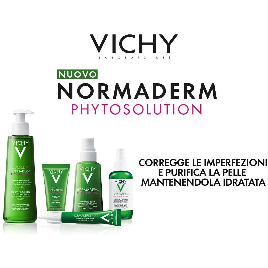 Vichy Normaderm Phytosolution skincare products lineup with mattifying mist, for oily skin care and hydration