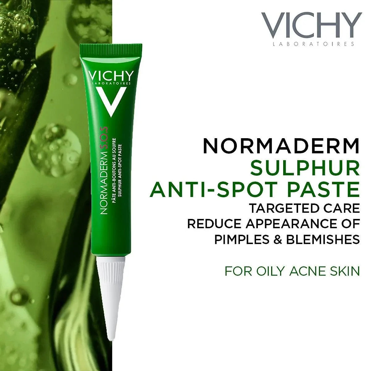 Green tube of Normaderm sulphur anti-spot paste for oily acne skin, targeted blemish care