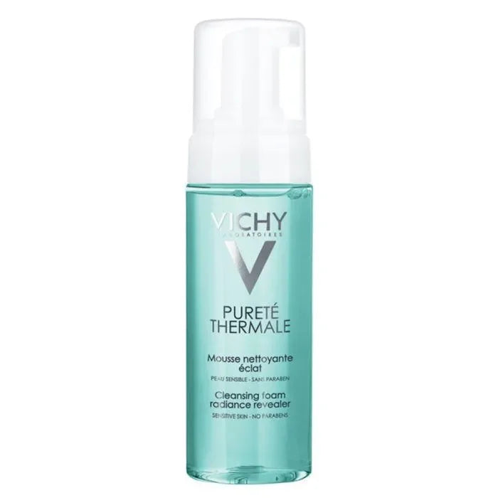 Vichy Pureté Thermale Cleansing Foam for sensitive skin in a teal pump bottle