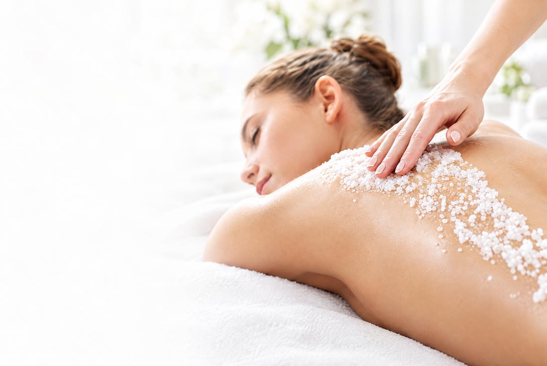 Spa body exfoliation treatment on a bright ice-white background