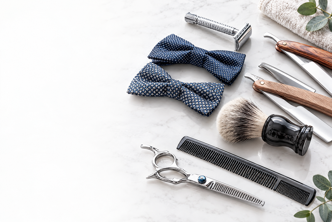 Men's grooming tools on a clean ice-white studio background