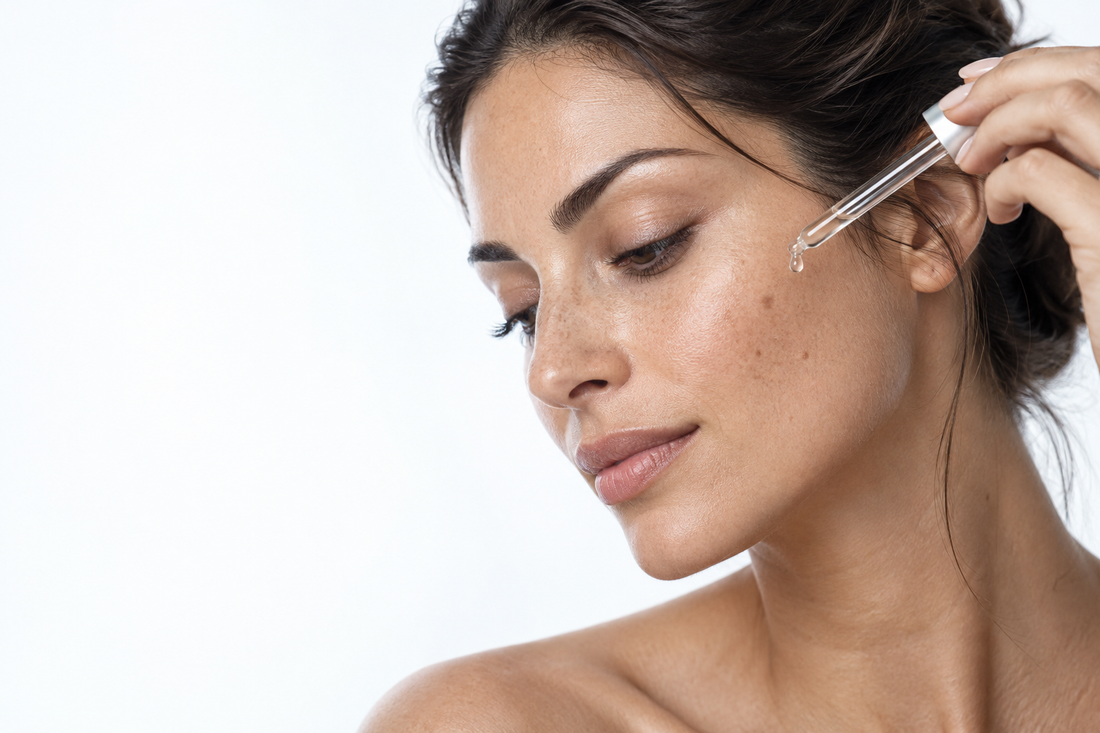 Skincare editorial: serum application and naturally freckled skin
