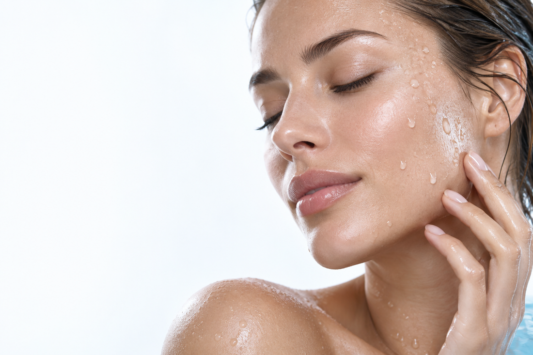 Skincare editorial: water droplets on hydrated skin