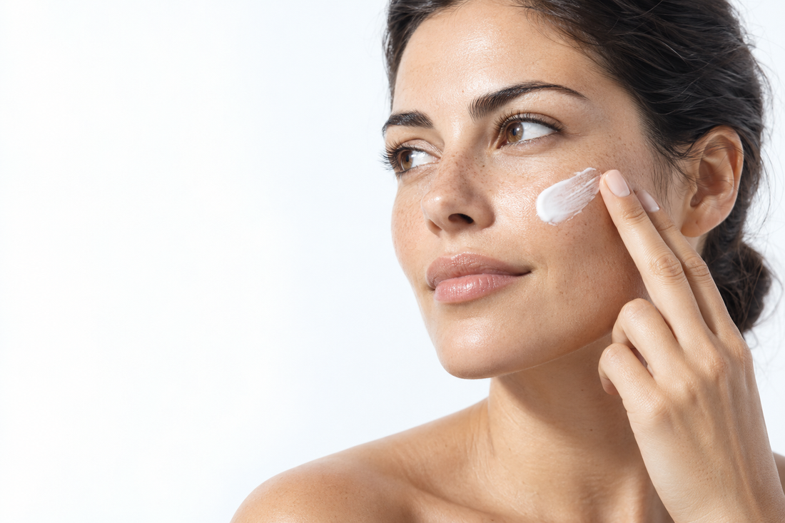 Skincare editorial: applying sunscreen to the cheek
