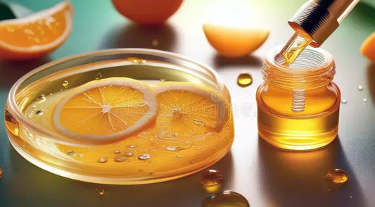 Vitamin C serum bottle with dropper, citrus slices in dish, skincare concept from Goldfarmaci