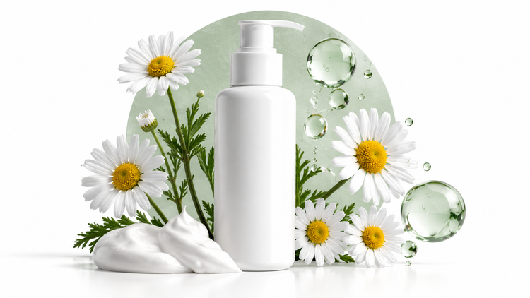 Allergy-prone skin care – white pump bottle and chamomile flowers on an ice-white background
