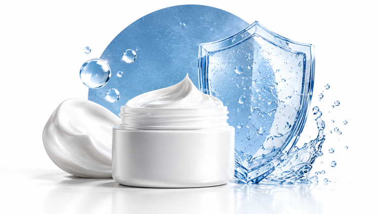 Barrier repair and healing – white cream jar and transparent blue shield on an ice-white background