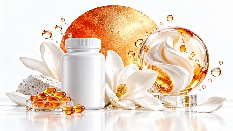 Coenzyme Q10: white supplement bottle, amber softgels and abstract glass energy sphere with porcelain ribbon against an orange-gold glass circle.
