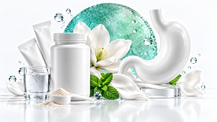 Digestive health: porcelain stomach-inspired sculpture with supplement bottle, sachets, water glass and magnolia against a seafoam-turquoise glass circle.