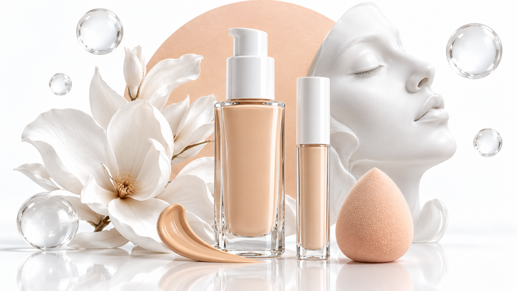 Face make-up with foundation, concealer and a peach blending sponge beside white porcelain facial sculpture and magnolia on an ice-white background.