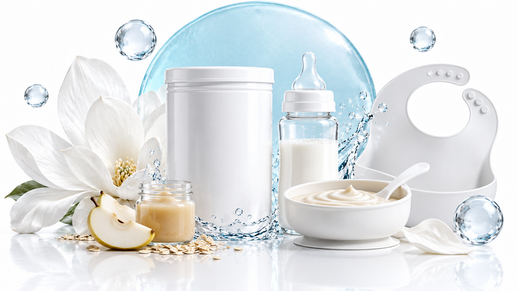 Baby feeding essentials: formula tin, milk bottle, porridge bowl, spoon, puree jar and bib with magnolia.