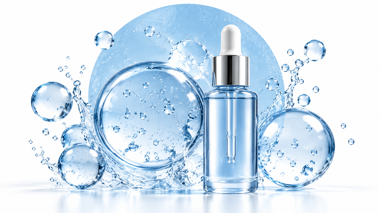 Hyaluronic acid – blue serum bottle and water spheres on an ice-white background