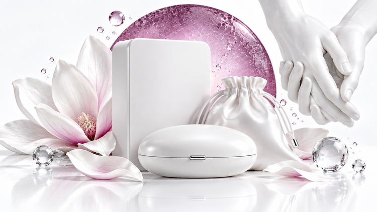 Intimate wellness accessories: discreet white cases and satin pouch with clasped porcelain hands and a mauve-lavender circle.