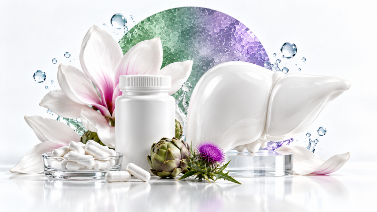 Liver function support: porcelain liver sculpture, herbal supplement bottle, artichoke and milk thistle against a sage-violet glass circle.