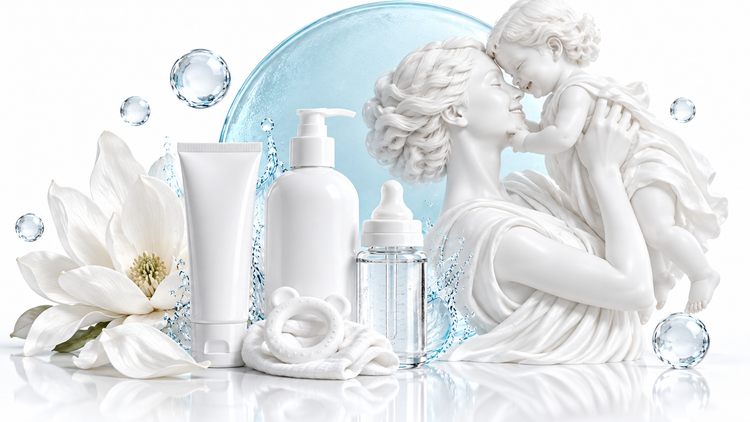 Mother and child porcelain sculpture with maternal care, baby wash, feeding bottle and teething ring in an ice-white scene.