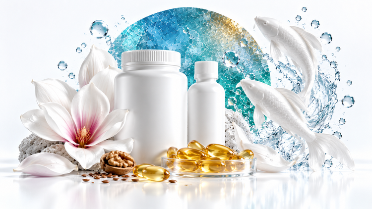 Omega 3-6-9: golden softgels and white supplement bottles with porcelain fish, crystal wave and seed accents against an ocean-turquoise glass circle.