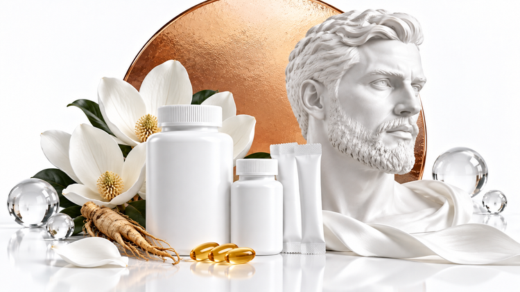 Men's vitality supplements: white bottles, sachets and golden capsules with a porcelain male bust and copper-champagne circle.