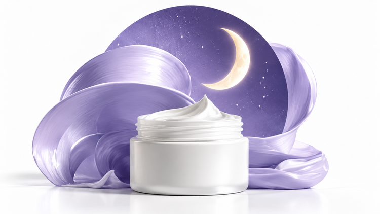 Retinol skincare – white cream jar, lavender swirls and crescent moon on an ice-white background