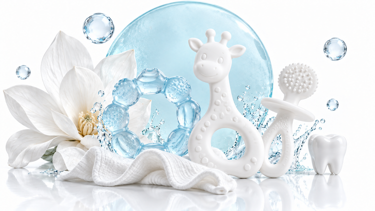 Baby teething ring, soft giraffe teether and gum massager with white cloth, tooth sculpture and magnolia.