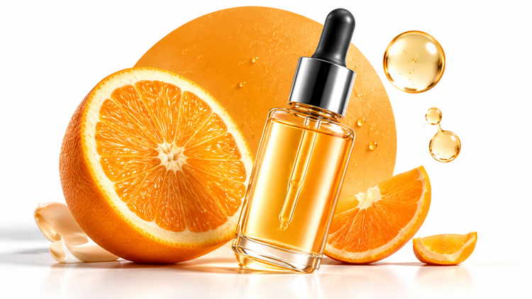 Vitamin C skincare – orange and serum bottle on an ice-white background
