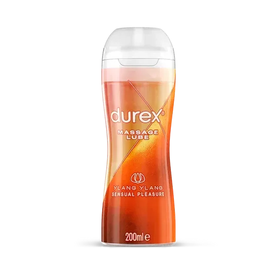 Durex Ylang Ylang Massage Lube 200ml bottle, gold-orange design, Goldfarmaci pharmacy