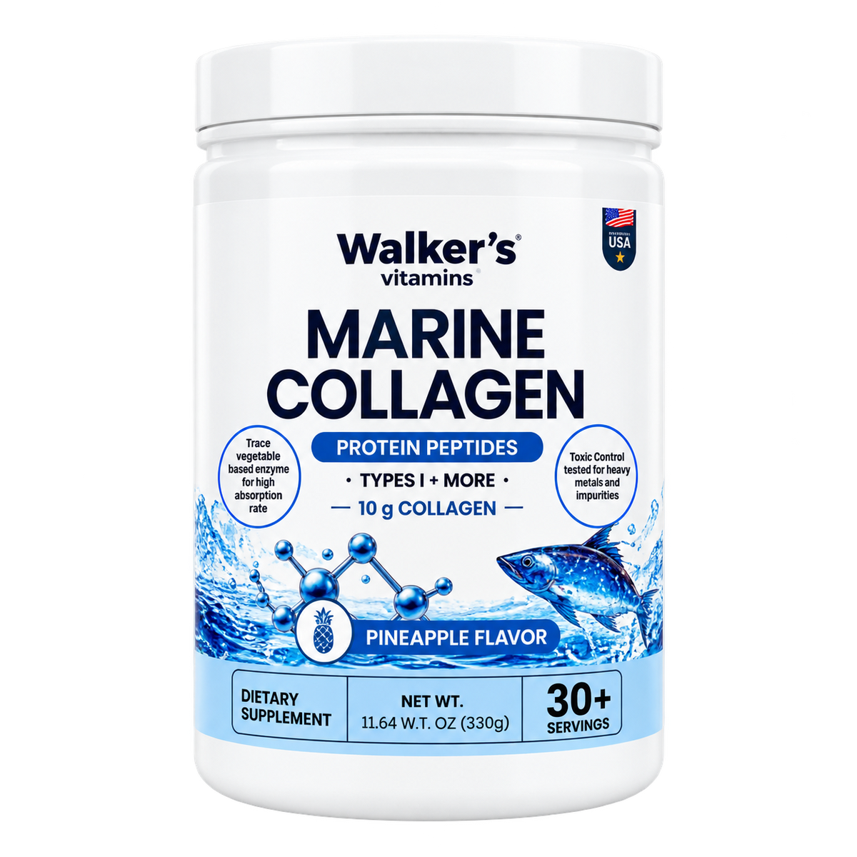 Walker’s Vitamins - Marine Collagen Protein Peptides, Pineapple, 330 g