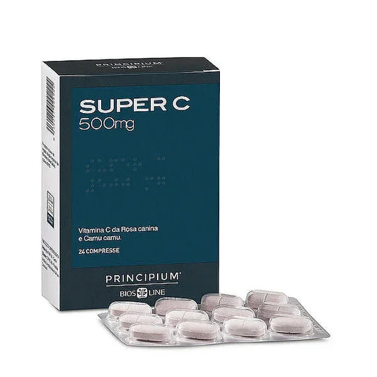 Bios Line Principium Super C 500mg vitamin C tablets box and blister pack, Goldfarmaci pharmacy
