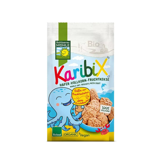 Bohlsener Mühle Karibix organic whole oat biscuits with fruit in colorful packaging, vegan, on white background