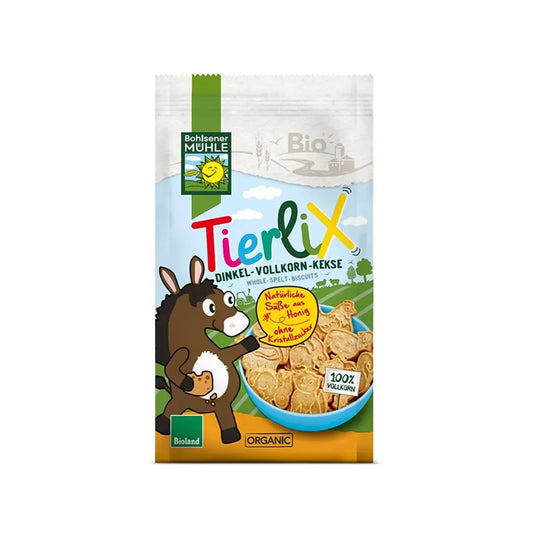 Bohlsener Mühle Tierlix organic whole spelt biscuits pack with cartoon donkey, sold on Goldfarmaci