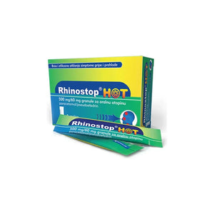 Kutia dhe bustina Rhinostop Hot Bosnalijek, granula për tretësirë orale, 500 mg/60 mg, 8 bustina.