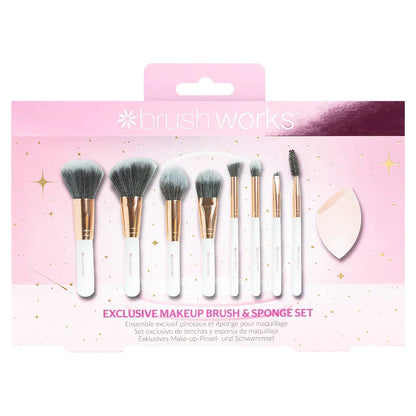 Brushworks exclusive makeup brush and sponge set in pink packaging, ideal for skincare routines