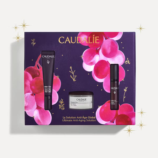 Caudalie Premier Cru anti-aging skincare gift set with purple and pink grape design, Goldfarmaci.