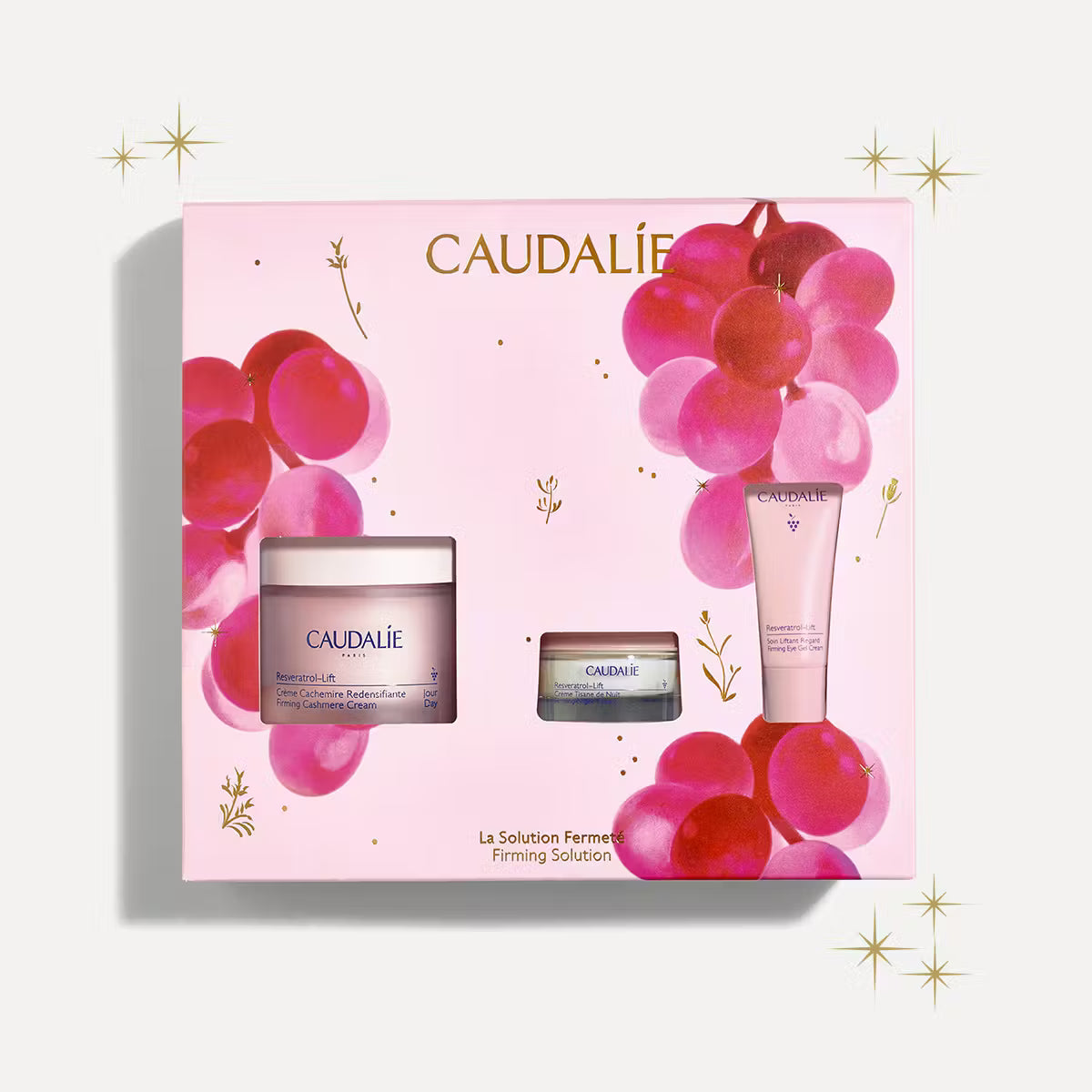 Caudalie Resveratrol-Lift firming skincare gift set with grape design, available at Goldfarmaci.