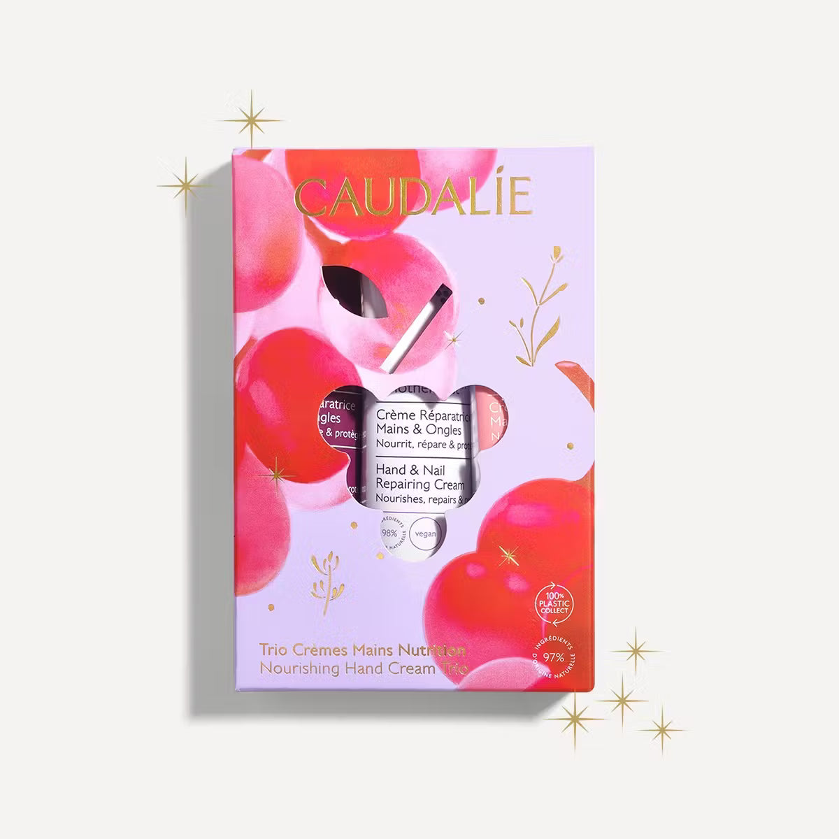 Caudalie Nourishing Hand Cream Trio holiday gift set, pink festive box, on Goldfarmaci