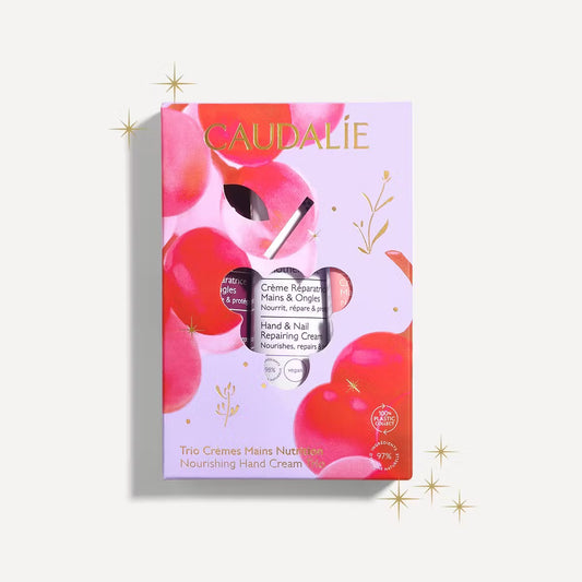 Caudalie Nourishing Hand Cream Trio holiday gift set, pink festive box, on Goldfarmaci