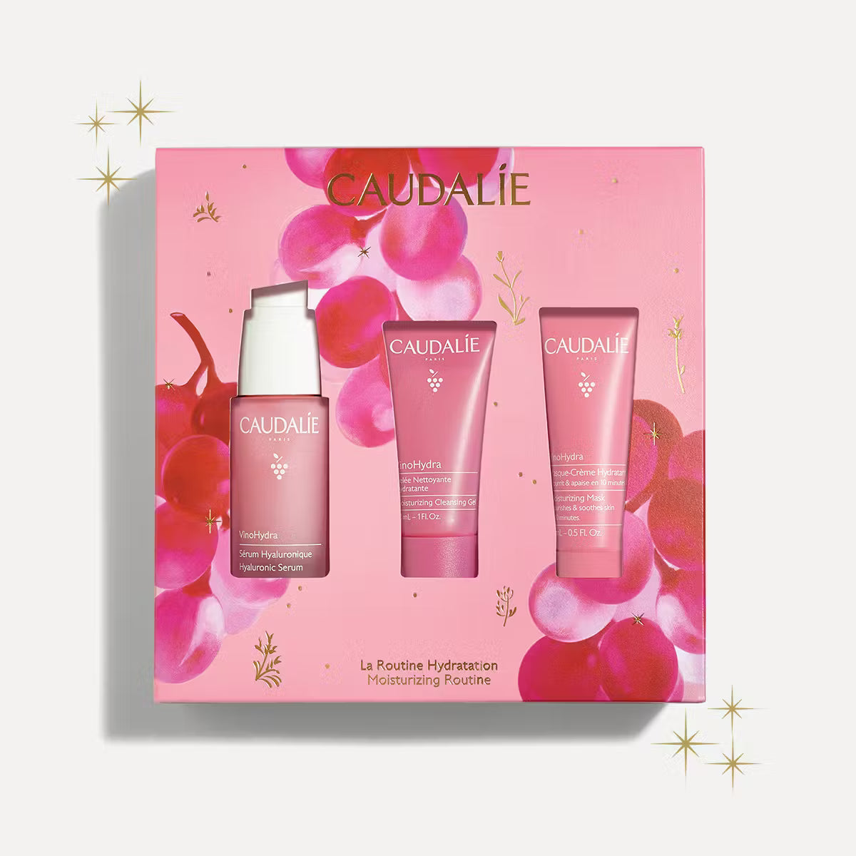 Caudalie VinoHydra moisturizing skincare set with serum and creams in a pink grape-themed box from Goldfarmaci.